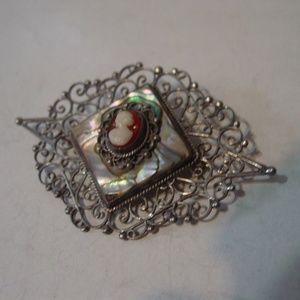 Vintage Plata Mexico Sterling Abalone Cameo Brooch